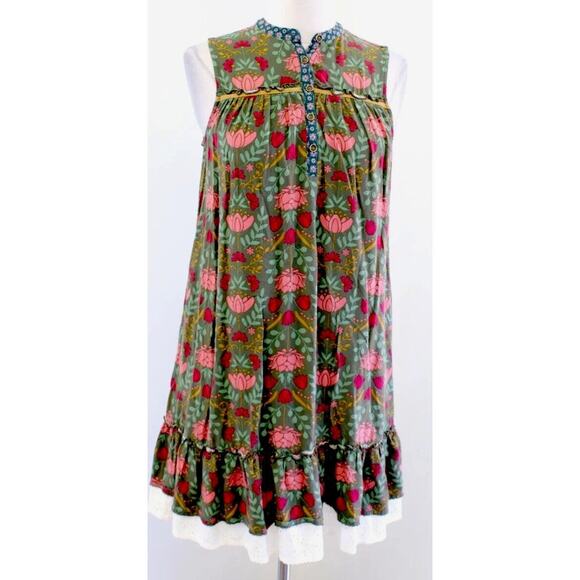 Matilda Jane Breaking Ground Green Floral Print Lace Trim Shift Dress Sz XS - Picture 9 of 9